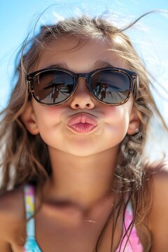 Young girl wearing sunglasses makes a playful duck face towards the camera while at the beach on a sunny day.