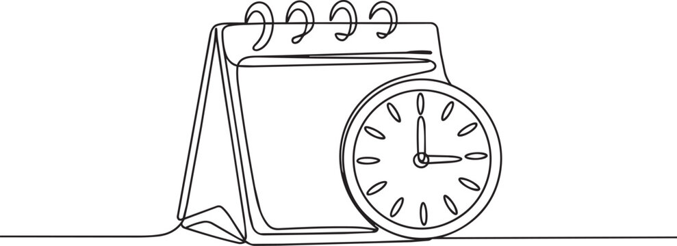 Continuous line drawing calendar, desk clock, time management concept, office supplies, minimalistic design