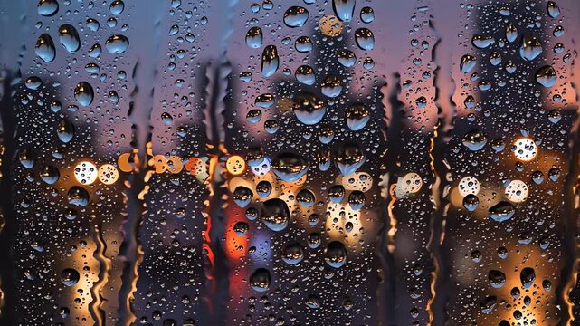 City lights bokeh behind rainy window during blue hour
