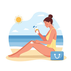 Fototapeta premium Woman applying sunscreen lotion on her leg while sitting on the beach on a sunny day.