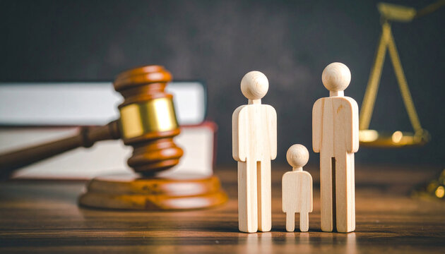 Wooden family figures stand on a desk with a blurred judge's gavel, law books, and scales of justice, representing family disputes and legal protection