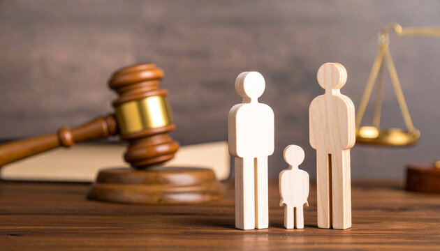Wooden family figures stand on a desk with a blurred judge's gavel, law books, and scales of justice, representing family disputes and legal protection