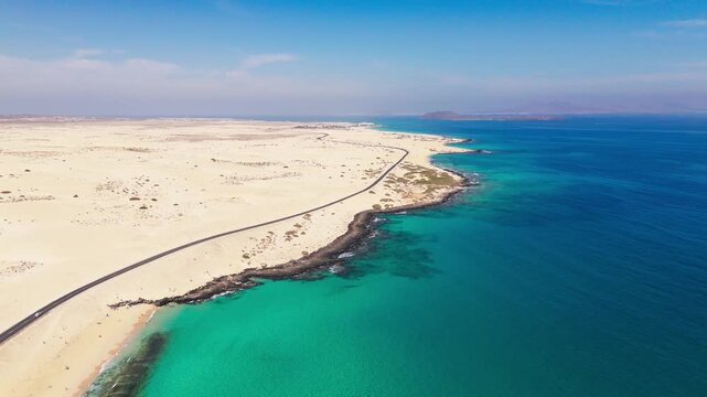 Aerial View of Corralejo Sand Dunes and Atlantic Coast in Fuerteventura Canary Islands