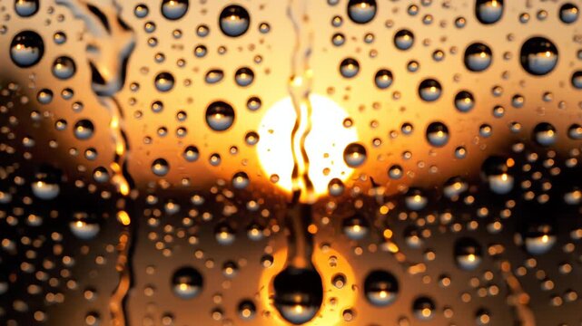 Macro water droplets reflecting bright golden sunlight