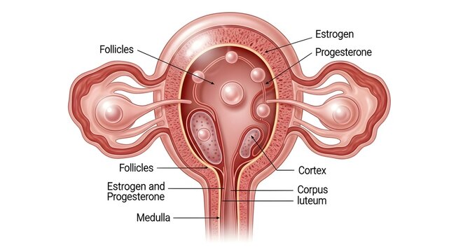 Frontal diagram of female reproductive organs showing ovaries with developing follicles, medulla and cortex, corpus luteum, and labels for estrogen and progesterone production that regulate the uterus