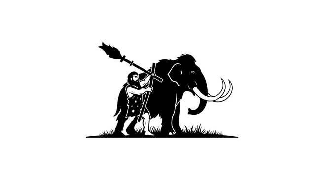Caveman Hunter with Spear Standing Next to Mammoth Elephant.