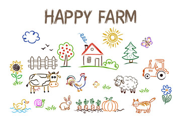 Fototapeta premium Kids crayon drawing of a happy farm. Vector set of cute countryside animals, house and tractor isolated on white background.