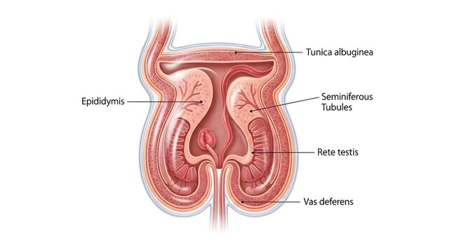 Sectional view of paired human testes within the scrotum showing seminiferous tubules, rete testis, tunica albuginea, epididymis, and vas deferens pathways, emphasizing structures responsible for sper