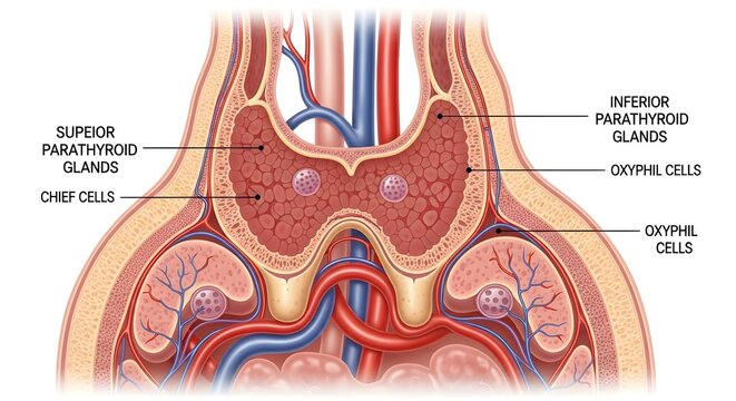 Frontal illustration of the thyroid region highlighting superior and inferior parathyroid glands embedded in thyroid tissue with chief cells and oxyphil cells, alongside rich cervical blood vessels an
