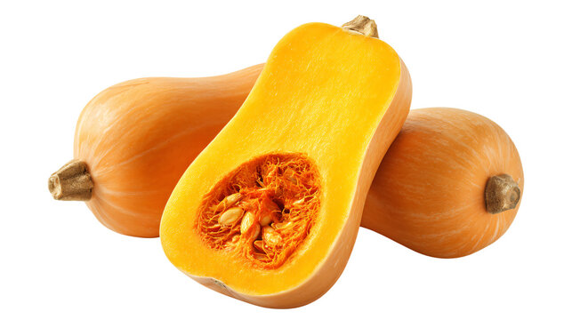 Fresh Butternut Squash Halved and Isolated on White Background for Food Photography