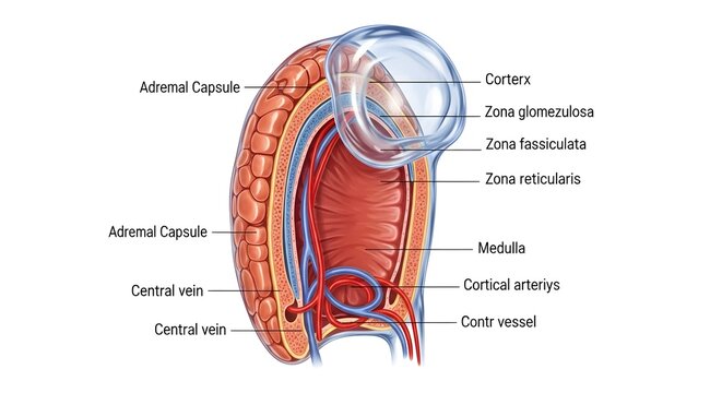 Longitudinal section of the adrenal gland showing fibrous capsule, cortex with zona glomerulosa, zona fasciculata, zona reticularis, and central medulla with cortical arteries, central veins, and sinu