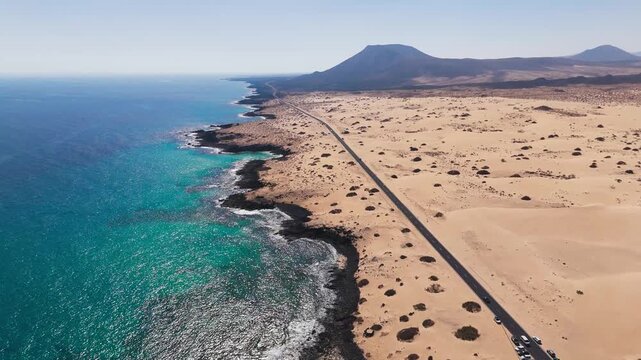 Aerial View of Corralejo Sand Dunes Road and Volcanic Landscape in Fuerteventura
