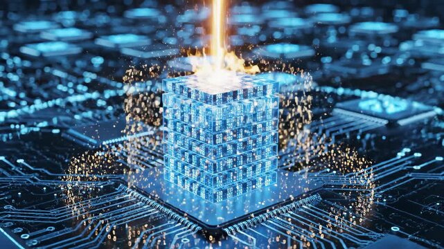 Futuristic Quantum Computing Processor with Glowing Data Flow on Circuit Board.