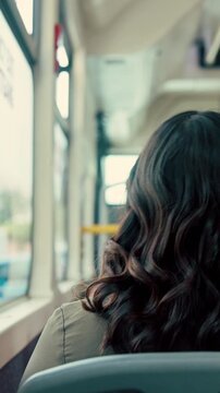 Businesswoman, thinking and travel by bus window with work destination, commute or real estate career. Realtor, person and morning journey in public transport with thoughts, plan or vision from back.