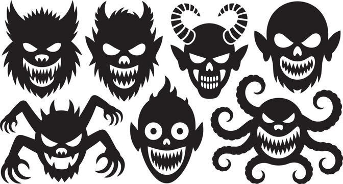 Black monster faces, evil creature icons, scary heads, creepy silhouettes, 6 designs