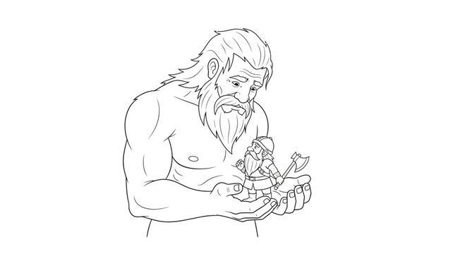 Gentle giant holding a tiny dwarf with axe, concept of kindness, compassion, and scale difference