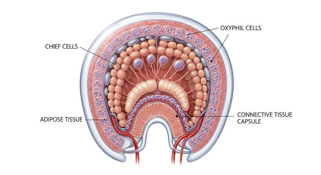 High‑resolution sectional view of a parathyroid gland depicting chief cells, oxyphil cells, surrounding adipose tissue, and connective tissue capsule with penetrating blood vessels, ideal for endocrin