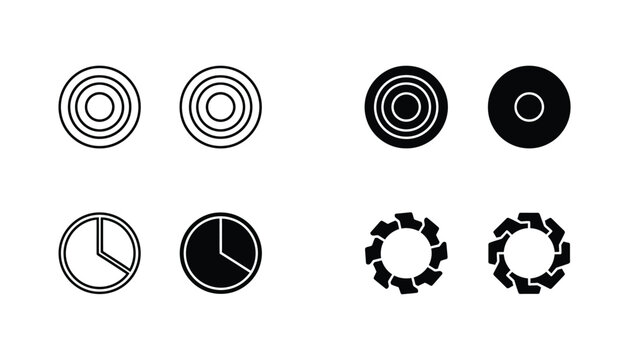Business and data analysis icons featuring target and pie chart in line art and solid black styles