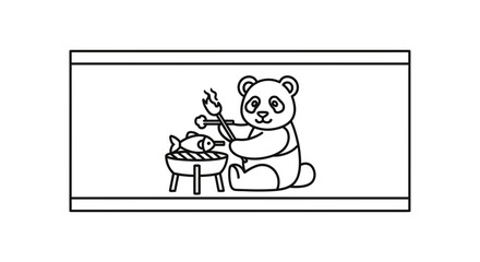 Obraz premium Cute Panda Bear Grilling Fish on Barbecue, Cartoon Style