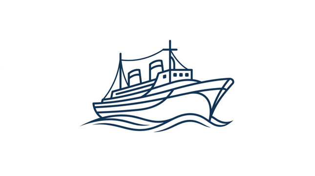 Simple Line Drawing of a Fishing Boat on Water.