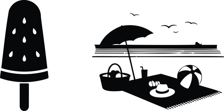 Watermelon popsicle and beach day picnic vector illustration with sea view silhouette.