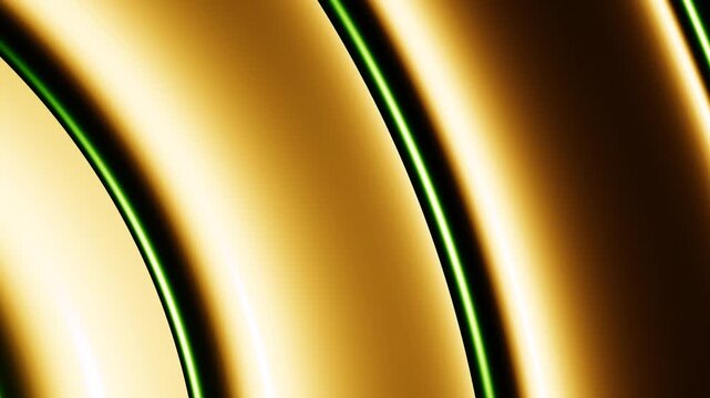 Abstract metallic curved waves reflecting light in dark emerald and gold environment with sleek futuristic design and high contrast glossy finish