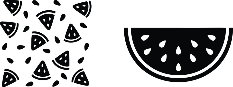 Watermelon slice pattern and half fruit silhouette vector illustration for summer line art.