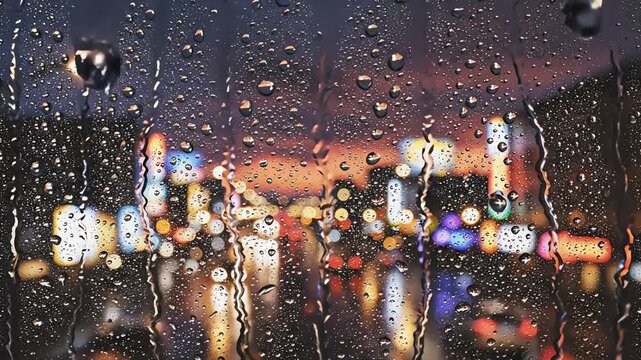 City traffic lights bokeh through wet rainy window
