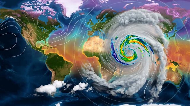 Colorful world map with hurricane vortex, isobars, and temperature gradients across oceans and continents.  Meteorology, climate risk, disaster forecasting, and weather analytics motion graphics.
