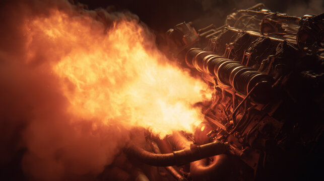 Powerful engine blasting flames with thick smoke during high performance industrial combustion process