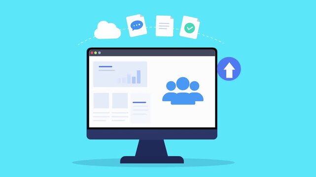 Animated flat dashboard interface featuring user profile elements, upload action icon, desktop monitor, and modern collaboration technology scene.