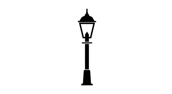 Classic black street lamp post silhouette isolated on white background.