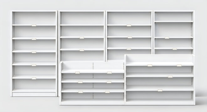A set of three white wooden shelves with multiple compartments and dividers