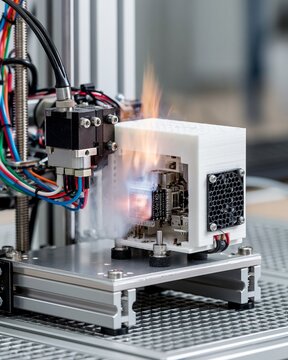 Side view of a thermalevaluation 3Dprinted prototype with embedded electronic components demonstrating heat dissipation performance in a controlled lab environment.