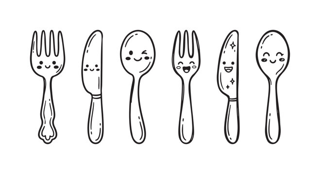 Expressive hand-drawn kawaii cutlery set with joyful and winking faces, featuring forks, knives, and spoons in a playful doodle style.