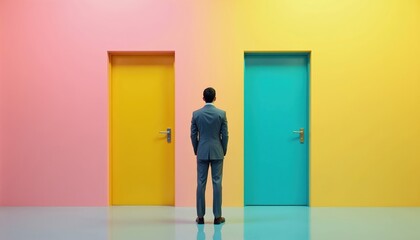 Fototapeta premium Man in suit stands before two colored doors, pink, yellow. Considers path to take. Decision making, crossroads, future uncertainty symbolized by bright, contrasting doorways, thoughtful pose.