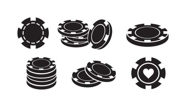 Black and white collection of casino poker chips, including stacks, individual chips, and one with a heart symbol.