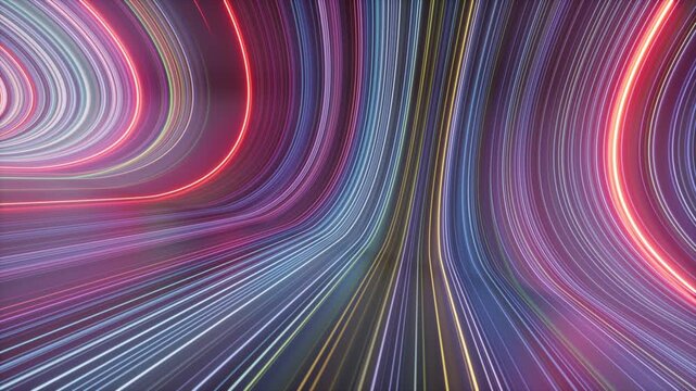 Smooth flythrough along glowing neon lanes, curving into bright waves and slowly settling on a vibrant synaptic background.