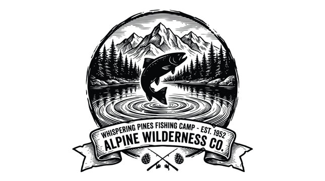 Black and white vintage-style logo for Alpine Wilderness Co. featuring a jumping fish in a mountain lake surrounded by pine trees, with fishing rods below.
