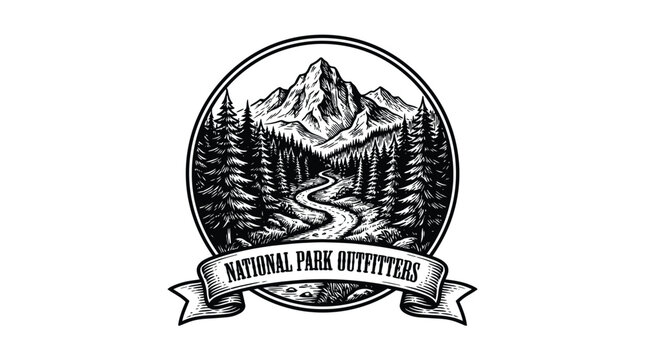 A detailed black and white circular logo featuring a majestic mountain range, a winding river, and dense pine forests, with a banner reading "NATIONAL PARK OUTFITTERS" below.