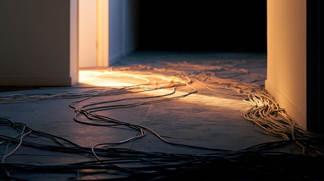 Tangled Ethernet Leads through Doorway