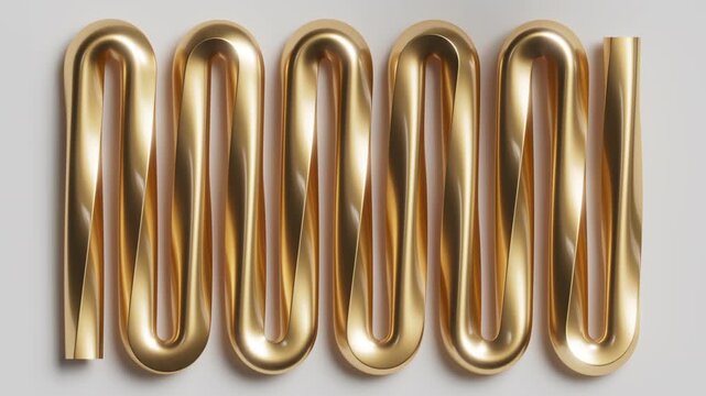 Rotating gold zigzag lines in a seamless loop. Abstract 3D animation of a metallic maze with twisting motion.