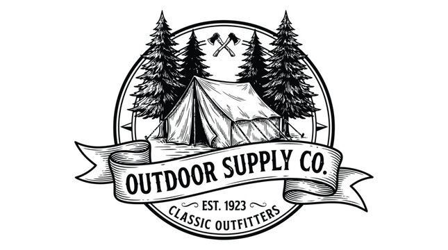Vintage outdoor supply company logo featuring a tent, pine trees, axes, and a banner with text "Outdoor Supply Co. Classic Outfitters Est. 1923".