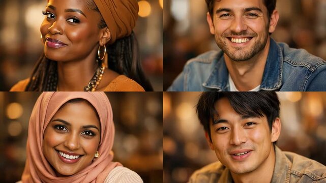 Collage of four diverse young adults smiling in closeup headshots inside a warm softly lit cafe; multicultural friends posed in a relaxed cozy indoor lifestyle portrait grid