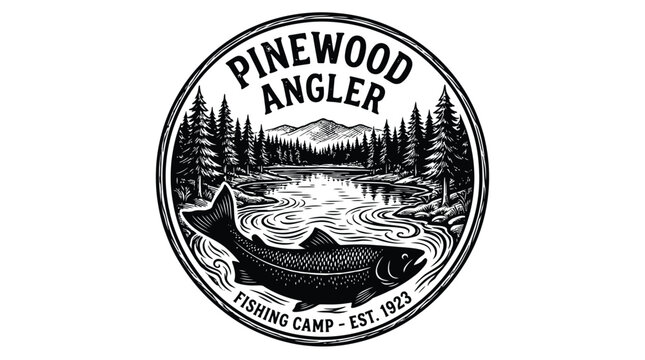 Vintage black and white circular logo for Pinewood Angler Fishing Camp, established 1923, featuring a detailed illustration of a fish in a river with pine trees and mountains.