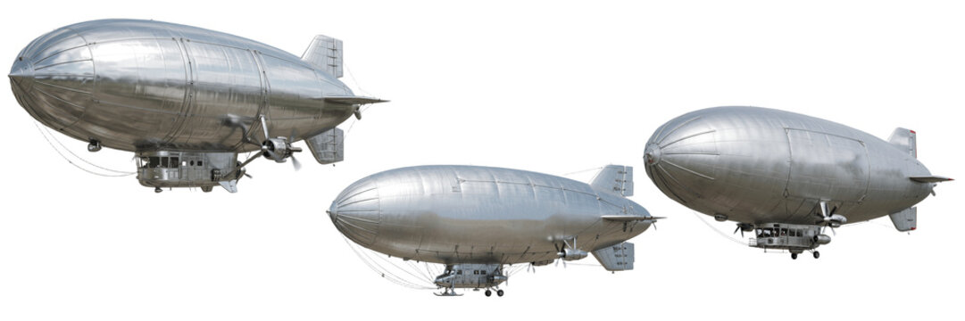 A set of silver airships dirigibles isolated on white background, realistic zeppelin collection for aviation history, steampunk fantasy and transport design PNG


