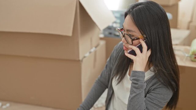 Woman holding smartphone to ear and hand near face among stacked cardboard moving boxes in building; concern.