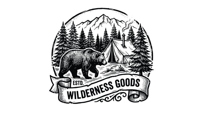 Vintage illustration of a bear walking past a campsite with a tent and mountains in the background, featuring the text "WILDERNESS GOODS ESTD.".