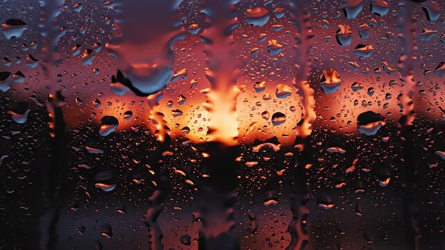 Large rain droplets on window with dramatic golden sunset light