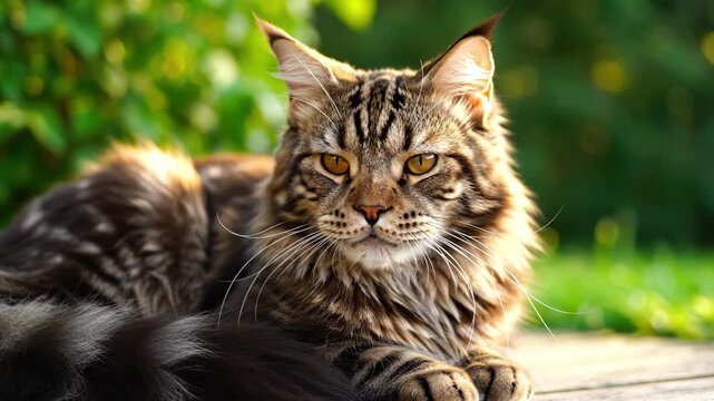 Maine Coon feline with long fur and amber eyes resting outdoors on wooden surface featuring fluffy striped pattern and peaceful expression in warm natural sunlight with green blurred background